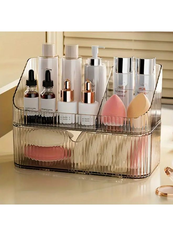 Transparent 2 Piece Makeup Organizer Set With Lids And Drawers For Cosmetics And Stationery - Image 1