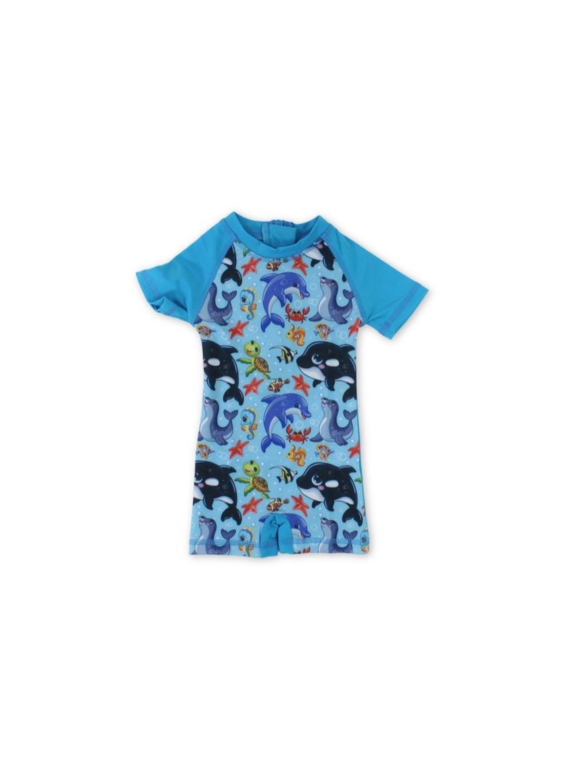 I.Wear Baby Boys Sunsuit One-Piece – Turquoise with Marine Creatures Print - Image 1