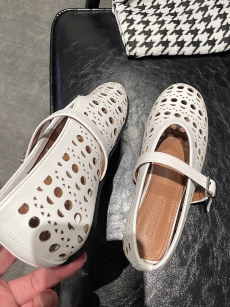 2024 New French Hollow Ballet Flats Mary Jane Womens Shoe White 