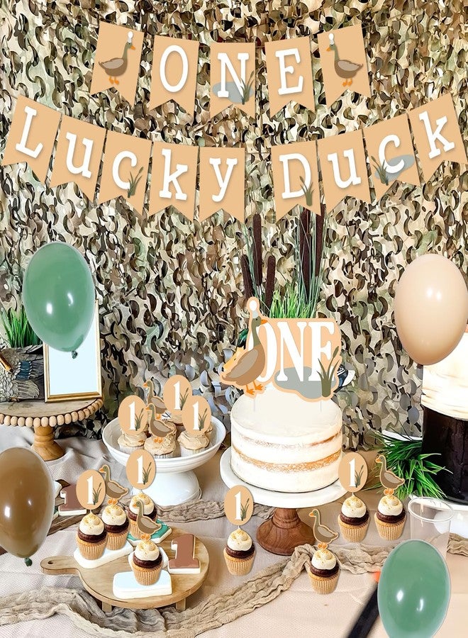 Merrystorm 43Pcs Mallard Duck 1st Birthday Decorations for Boys, One Lucky Duck Birthday Decorations One Lucky Duck Banner Cake Cupcake Toppers Green Brown Latex Balloons for Boy First Birthday Party Supplies - Image 5