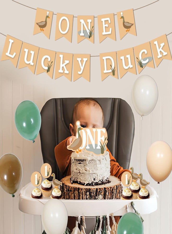 Merrystorm 43Pcs Mallard Duck 1st Birthday Decorations for Boys, One Lucky Duck Birthday Decorations One Lucky Duck Banner Cake Cupcake Toppers Green Brown Latex Balloons for Boy First Birthday Party Supplies - Image 4