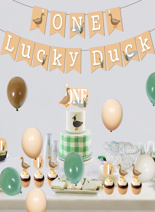 Merrystorm 43Pcs Mallard Duck 1st Birthday Decorations for Boys, One Lucky Duck Birthday Decorations One Lucky Duck Banner Cake Cupcake Toppers Green Brown Latex Balloons for Boy First Birthday Party Supplies - Image 3