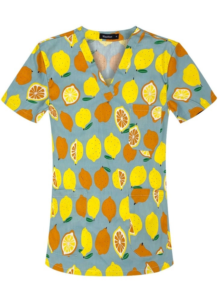 Loquat V-Neck Printed Medical Uniform Scrubs Top for Women Workwear Soft Comfty Easy Care 
