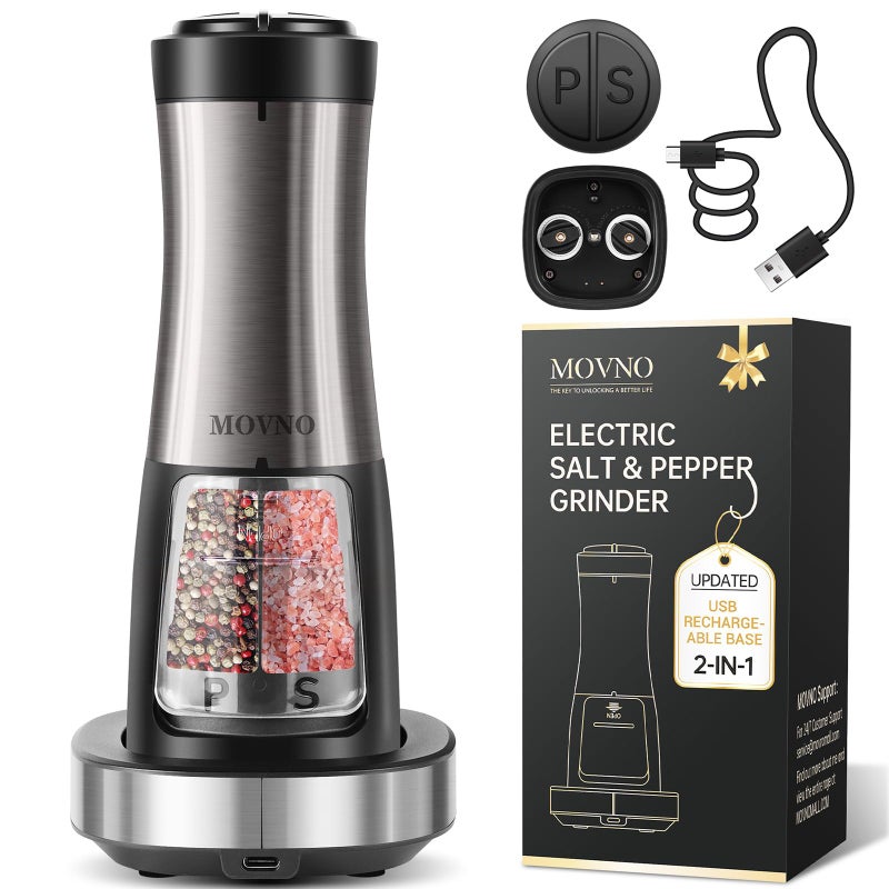 MOVNO MOVNO 2 in 1 Rechargeable Electric Salt and Pepper Grinder Set with Charging Base No Need Battery Automatic Salt and Pepper Grinder OneHanded Operation Adjustable Ceramic Grinder with LED Light 