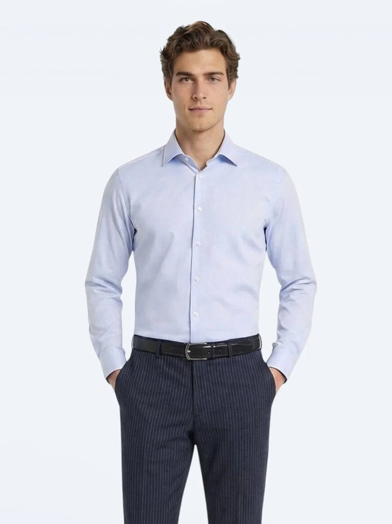 Kip Blue Plain Slim Fit Long Weaving Classical 100% Cotton Shirt