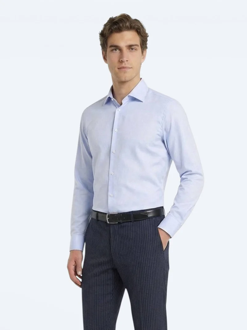 Kip Blue Plain Slim Fit Long Weaving Classical 100% Cotton Shirt