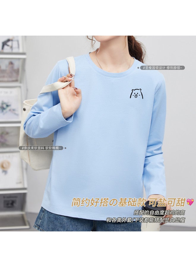 LANG SHA Women'S Long Sleeve Round Neck T-Shirt Versatile Solid Color Print Base Layer Top T-Shirt Women - Image 3