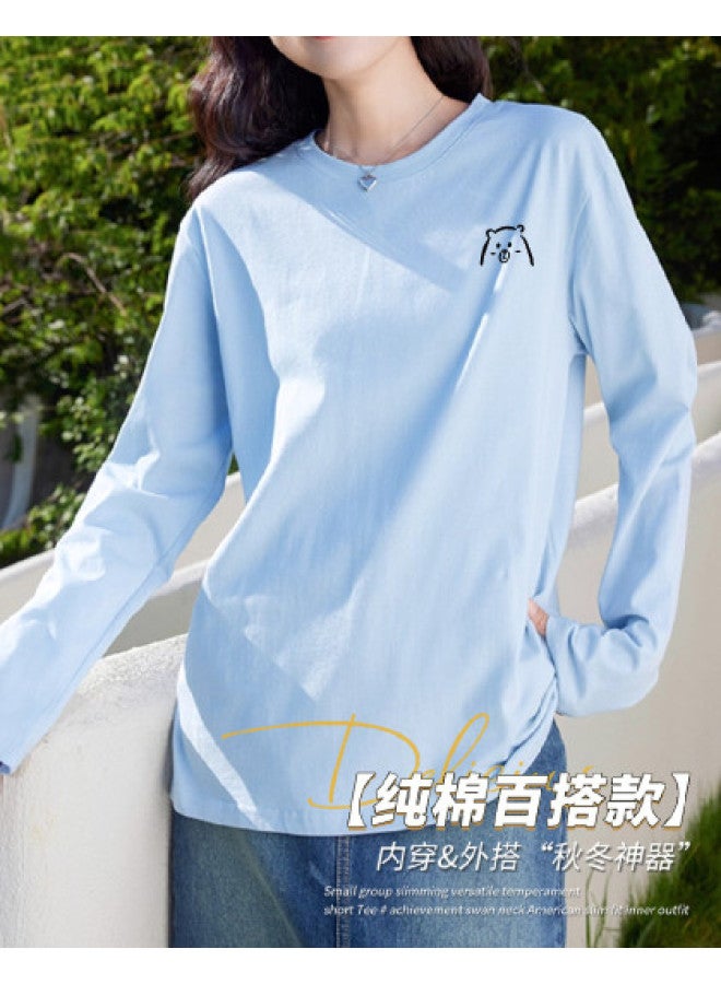 LANG SHA Women'S Long Sleeve Round Neck T-Shirt Versatile Solid Color Print Base Layer Top T-Shirt Women - Image 1