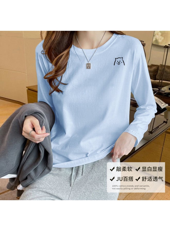 LANG SHA Women'S Long Sleeve Round Neck T-Shirt Versatile Solid Color Print Base Layer Top T-Shirt Women - Image 5