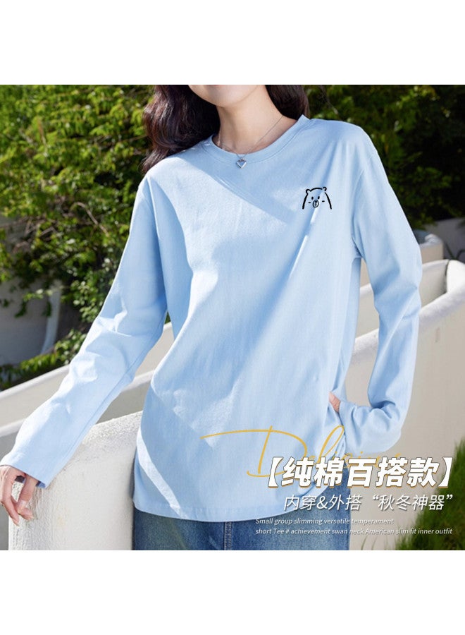 LANG SHA Women'S Long Sleeve Round Neck T-Shirt Versatile Solid Color Print Base Layer Top T-Shirt Women - Image 2