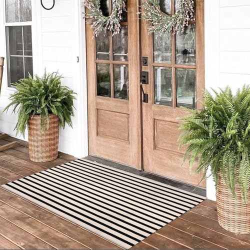 Fallovea Black and White Striped Rugs 28x43 Inches Outdoor Front Porch Doormat Cotton HandWoven Farmhouse Layered Door Mats for Front Porch Patio Entryway Laundry Room - Image 1