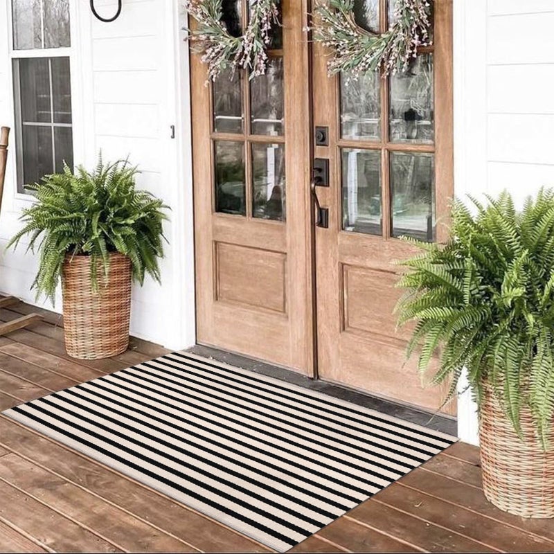 Fallovea Black and White Striped Rugs 28x43 Inches Outdoor Front Porch Doormat Cotton HandWoven Farmhouse Layered Door Mats for Front Porch Patio Entryway Laundry Room - Image 2
