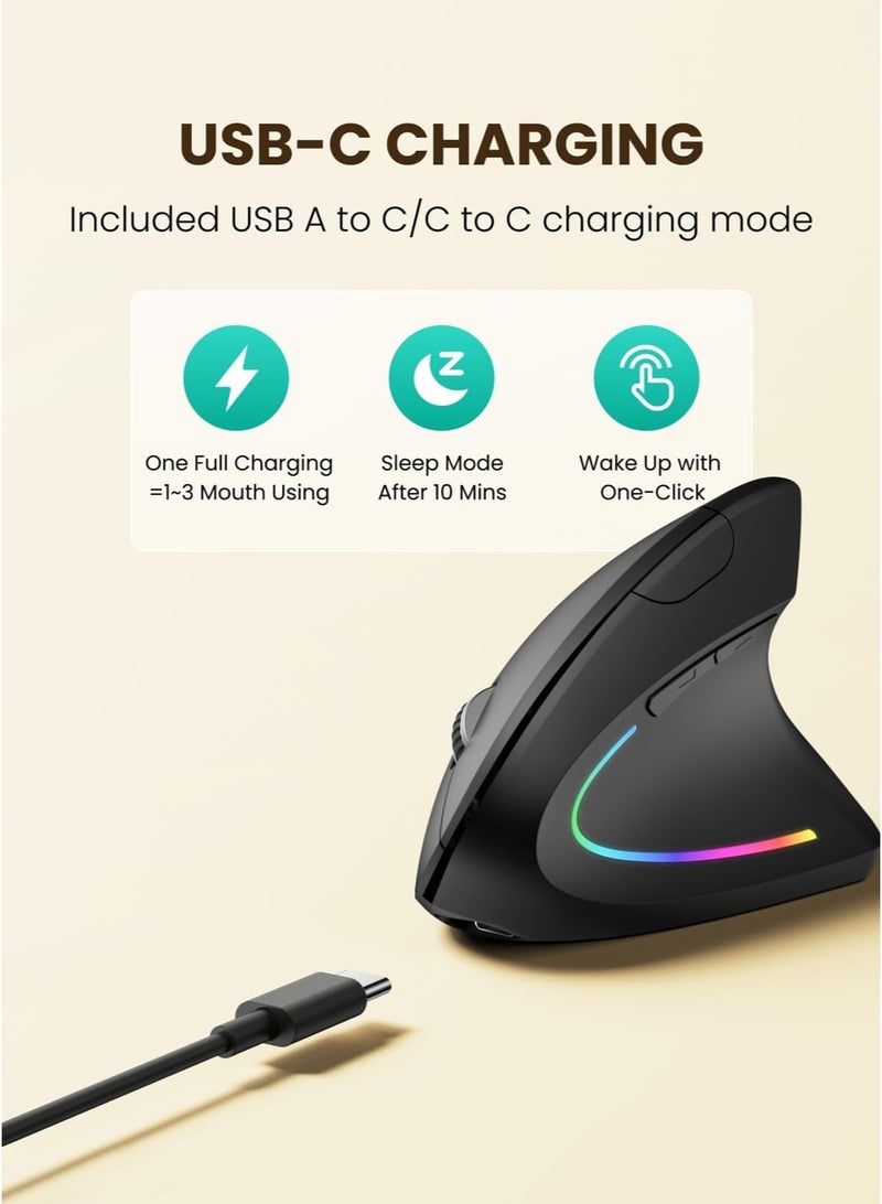 Ergonomic Wireless Vertical Mouse with RGB Lighting, Comfort Wireless Mouse with Dual Mode (BT/2.4G), Silent Clicks & Type-C Charging - Image 2