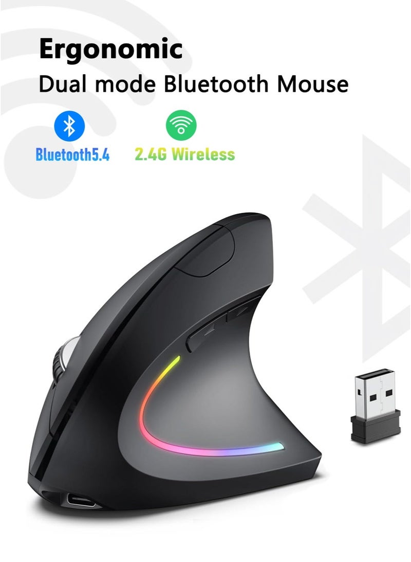 الماوس الرأسي اللاسلكي مع إضاءة RGB ، الماوس اللاسلكي الراحة مع الوضع المزدوج (BT / 2.4G) ، النقرات الصامتة والشحن من النوع C - Image 1