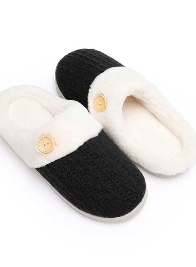 Chantomoo Womens Slipper Warm Comfy Memory Foam House Slippers Knitted Shoes Faux Fur Lined Anti-Skid Rubber Sole Bedroom Cozy Indoor Outdoor Slippers, Black, 9-10 - Image 1