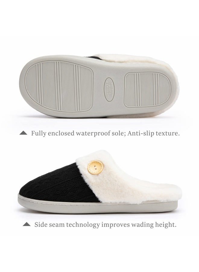 Chantomoo Womens Slipper Warm Comfy Memory Foam House Slippers Knitted Shoes Faux Fur Lined Anti-Skid Rubber Sole Bedroom Cozy Indoor Outdoor Slippers, Black, 9-10 - Image 2