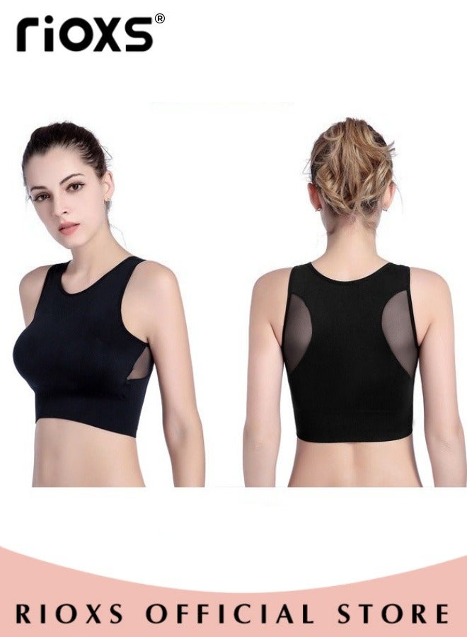 RIOXS Sports Bras for Women, Seamless Wirefree Yoga Bra with Removable Pads, Full Coverage Bra with Mesh Panel in the Back, Women's Fitness Bras for High Impact Support, Comfy Breatable Gym Bras for Running Workout, Black Sport Bra  - Image 2