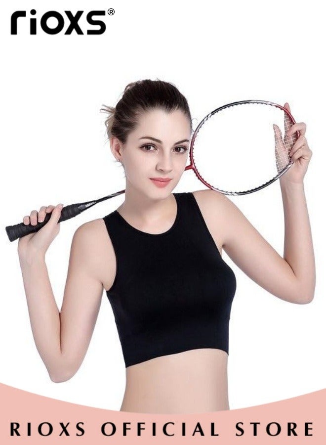 RIOXS Sports Bras for Women, Seamless Wirefree Yoga Bra with Removable Pads, Full Coverage Bra with Mesh Panel in the Back, Women's Fitness Bras for High Impact Support, Comfy Breatable Gym Bras for Running Workout, Black Sport Bra  - Image 4