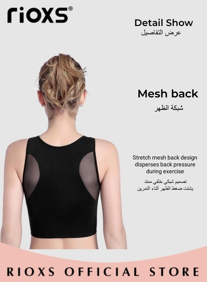 RIOXS Sports Bras for Women, Seamless Wirefree Yoga Bra with Removable Pads, Full Coverage Bra with Mesh Panel in the Back, Women's Fitness Bras for High Impact Support, Comfy Breatable Gym Bras for Running Workout, Black Sport Bra  - Image 5