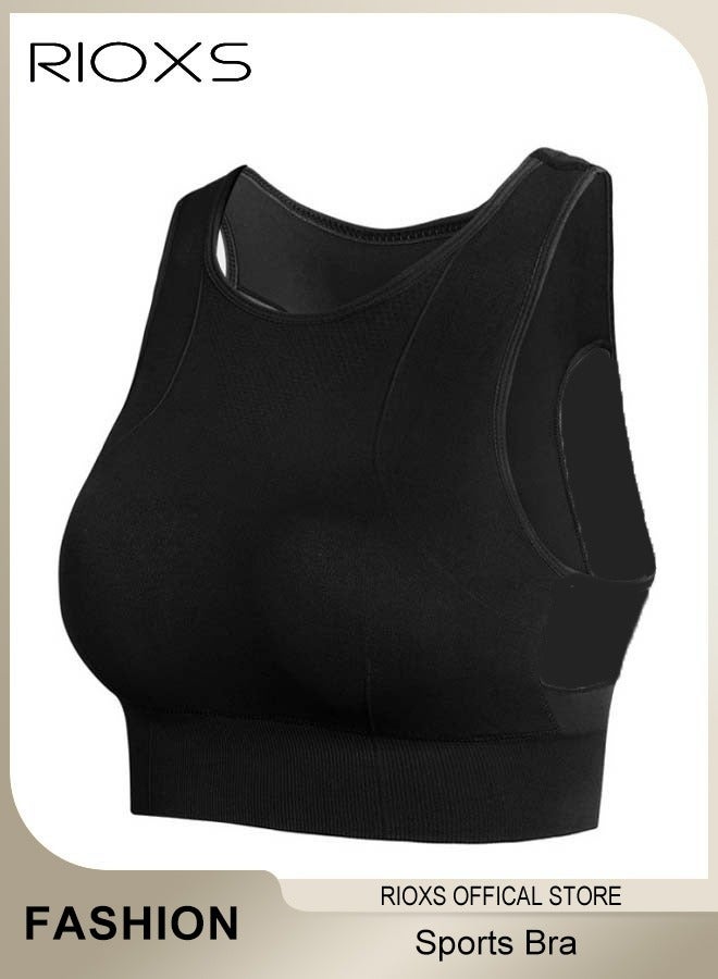 RIOXS Sports Bras for Women, Seamless Wirefree Yoga Bra with Removable Pads, Full Coverage Bra with Mesh Panel in the Back, Women's Fitness Bras for High Impact Support, Comfy Breatable Gym Bras for Running Workout, Black Sport Bra  - Image 1
