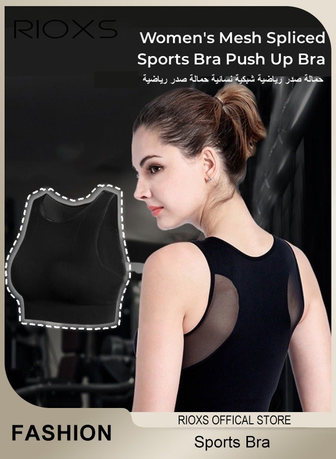 RIOXS Sports Bras for Women, Seamless Wirefree Yoga Bra with Removable Pads, Full Coverage Bra with Mesh Panel in the Back, Women's Fitness Bras for High Impact Support, Comfy Breatable Gym Bras for Running Workout, Black Sport Bra  - Image 3