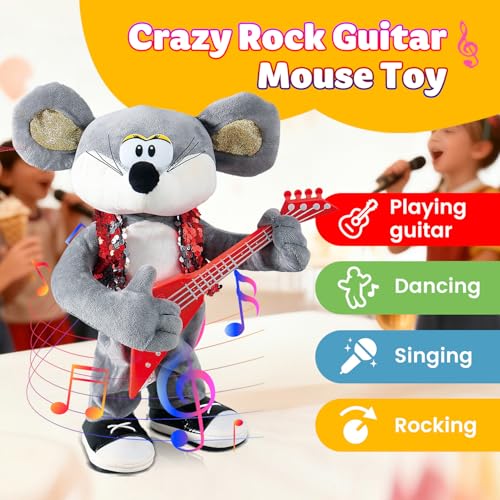 Marsjoy Rocking Dancing Mouse Plush Toy Singing Music Twisting Body Plush Stuffed Animals Rocking Punk Crazy Cool Guitar Mouse Perfect Christmas Birthday New Year for Kids - Image 5