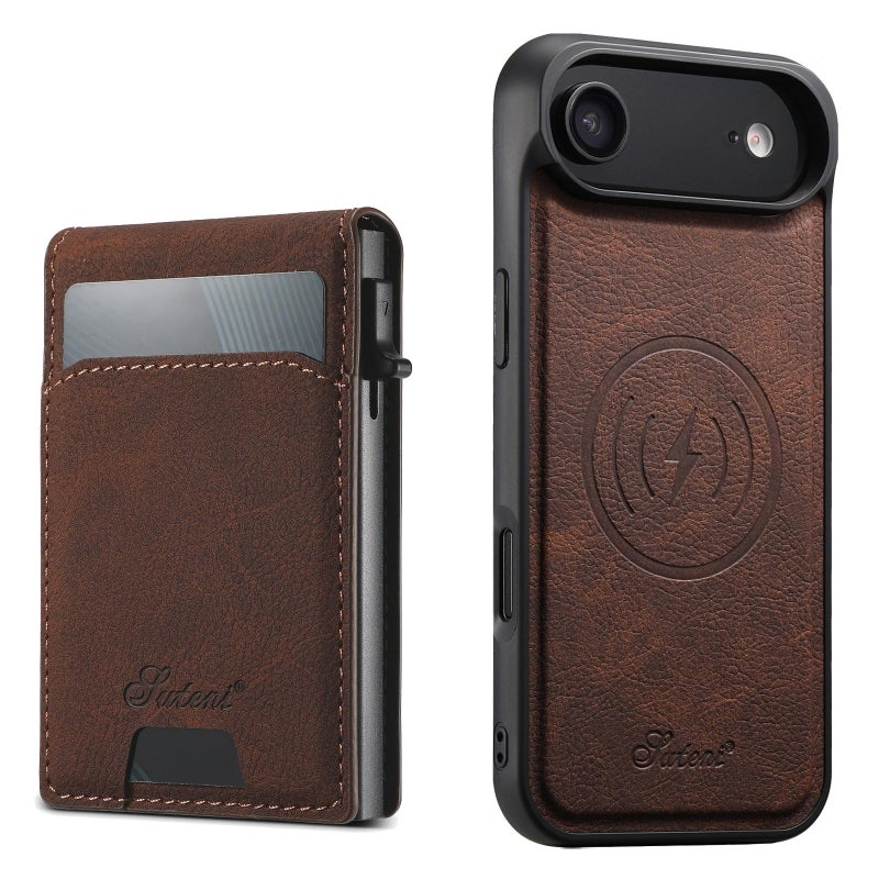 سوتين جراب خلفي لهاتف iPhone Air H19 Litchi Grain 2 في 1 Magsafe قابل للإزالة وصندوق بطاقة (بني) - Image 1