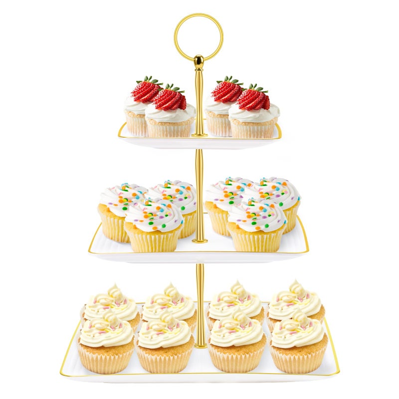 Hoedia 3 Tier Cupcake Stand Tower Plastic White Cup Cake Holder for Dessert stands Tiered Serving Tray for Tea Party Birthday Party Wedding Decor and Baby ShowerSquare
