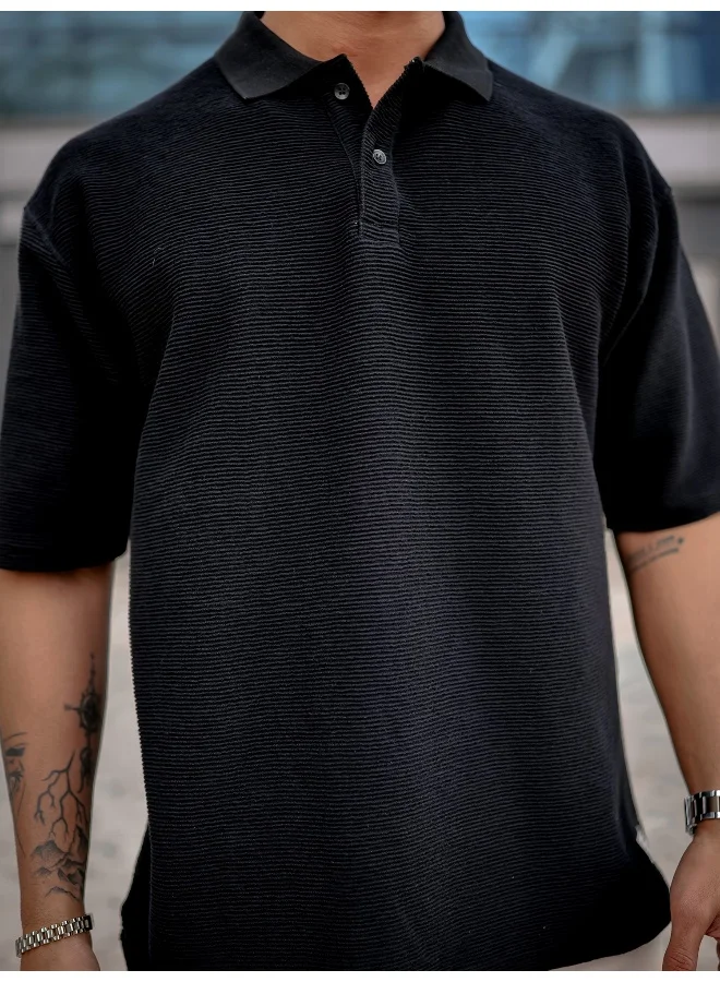 Maniac Mens Polo Neck 3/4th Sleeve Black Corduroy Fabric Tshirt