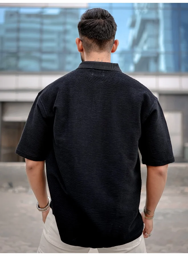 Maniac Mens Polo Neck 3/4th Sleeve Black Corduroy Fabric Tshirt
