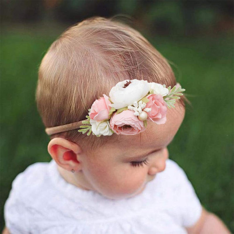 mligril Baby Girl Nylon Headbands Flower Hair Bows Accessories-Elastic Hair Band Crown Handmade FLoral Wraps Birthday Gifts for Girls Newborn Infant Toddler 3Pcs - Image 3