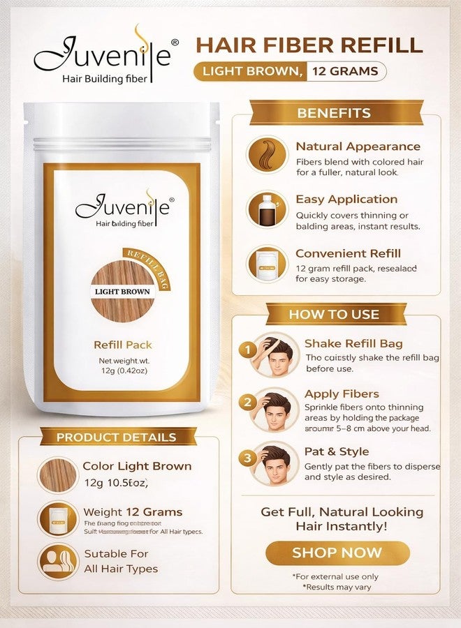 جوفينايل عبوة إعادة تعبئة ألياف بناء الشعر للأطفال 12 غرام، بني فاتح - مُكثّف شعر فوري للرجال والنساء | ألياف الكيراتين الطبيعية لإخفاء ترقق الشعر وفراغات الشعر - Image 3
