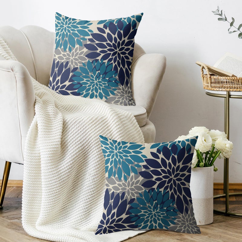 Smozenith Smozenith Navy Blue Grey Gray Pillow Covers 16X16 Inch Set of 2  Summer Modern Geometry Dahlia Floral Print Decorative Throw Pillow Covers Outdoor Farmhouse Cushion Case for Couch Sofa Bed Decor  - Image 3