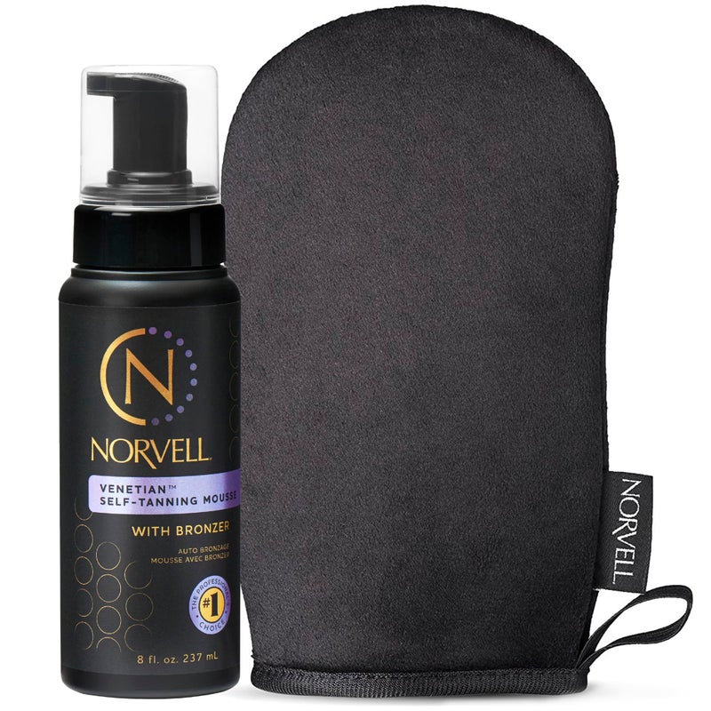 Norvell Venetian Self Tanning Set â€“ 8 Fl Oz Mousse with Bronzer and Reusable Applicator Mitt for Natural-Looking, Streak-Free Tan - Image 1