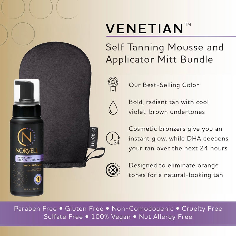 Norvell Venetian Self Tanning Set â€“ 8 Fl Oz Mousse with Bronzer and Reusable Applicator Mitt for Natural-Looking, Streak-Free Tan - Image 2