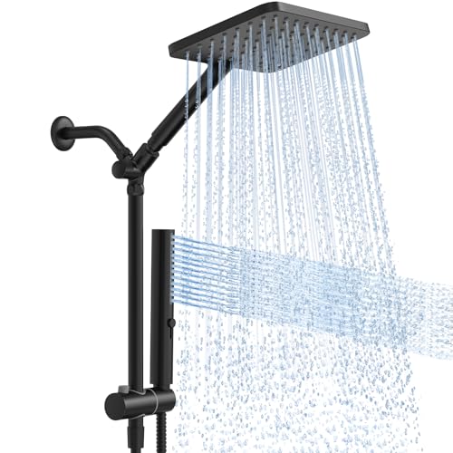 Hombeter Shower Heads with Handheld Spray Combo Matte Black, 10 Inch High Pressure Rain/Rainfall Shower Head, Height Adjustable Dual 2 in 1 Shower Head System with Stainless Steel Hose - Image 1