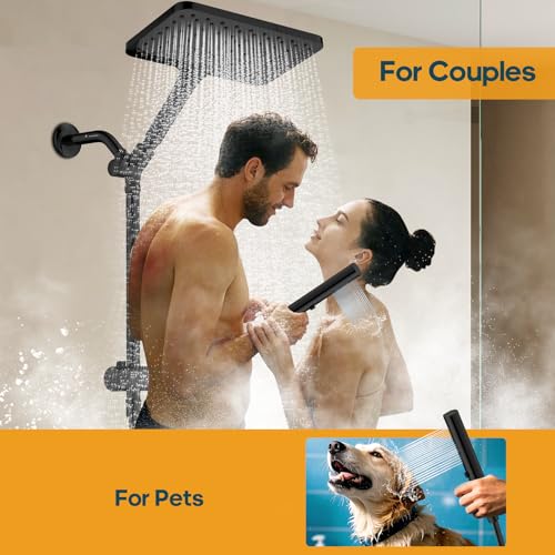 Hombeter Shower Heads with Handheld Spray Combo Matte Black, 10 Inch High Pressure Rain/Rainfall Shower Head, Height Adjustable Dual 2 in 1 Shower Head System with Stainless Steel Hose - Image 4