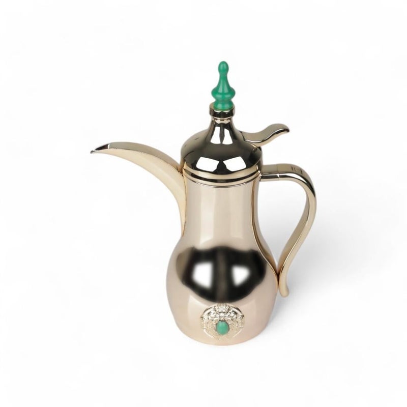 Soleter Coffee Pot 0.5 Liters Gold Green Color - Decorative Stainless Steel Arabic Dallah with Stone Accent, Premium Serveware for Wedding & Home Decor