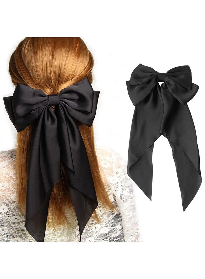 maycreate Large Satin Hair Bows For Women Girls Silklike Stylish French Bow Hair Clip Bowknot Hair Barrettes Big Ribbon Bow With Long Tail (Black) - Image 2