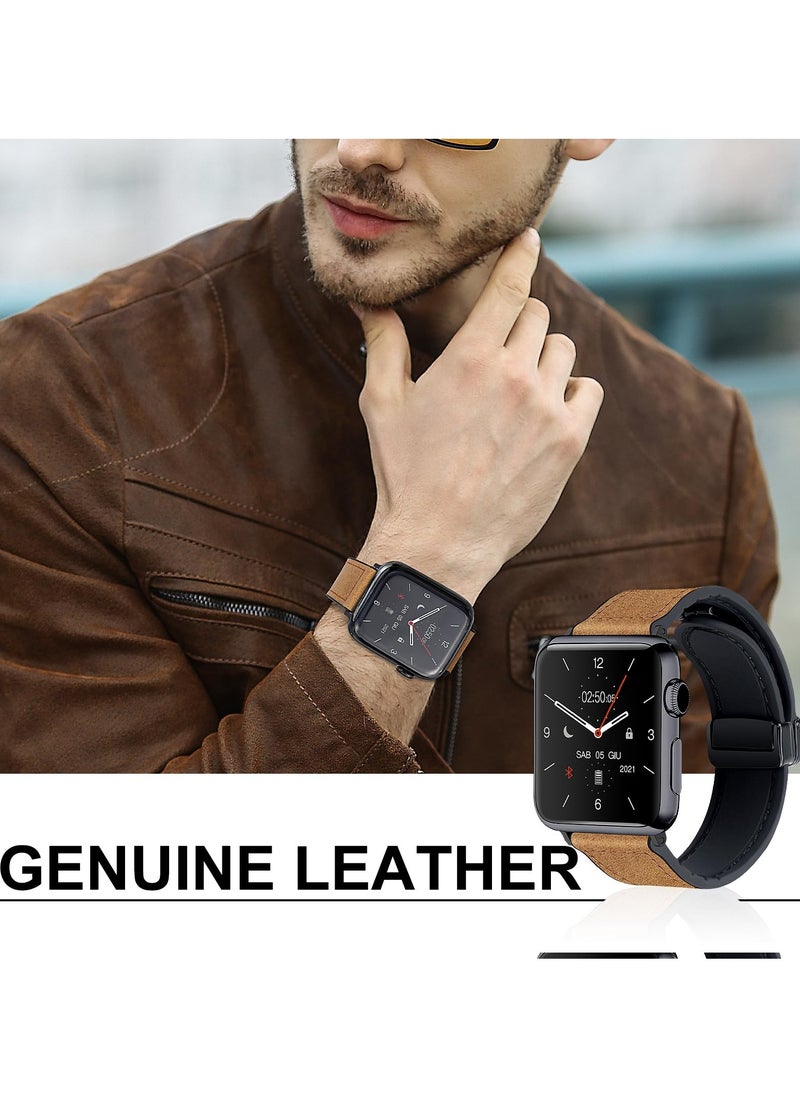 Generic - Stylish Genuine Leather Magnetic Watch Band for Apple Watch 49mm 45mm 44mm 42mm, Durable Replacement Strap Compatible with Ultra 9 8 7 6 Series, Brown - Image 1
