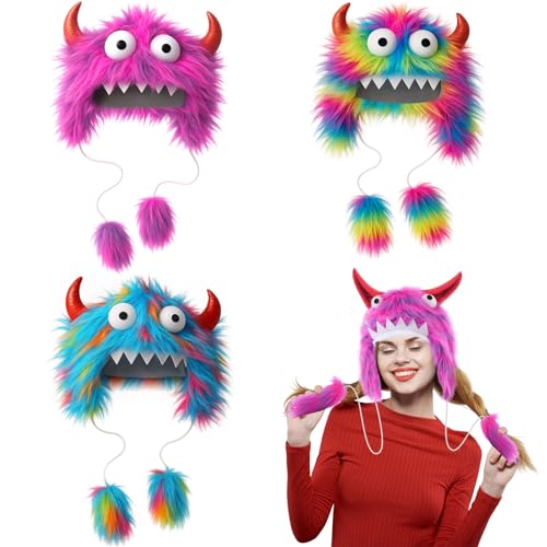 Soulchen 3 Pcs Monster Funny Hat Crazy Colorful Furry Monster Gifts Hats for Carnival Birthday Party Favors Multicolor - Image 1