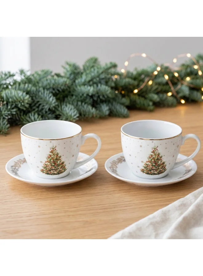 Cup And Saucer 260ml Christmas New Bone China, Christmas Holiday Season Collection Dinnerware