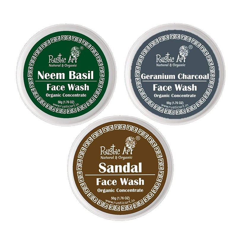 Rustic Art Organic Face Wash Concentrates for Deep Cleansing De Tanning with Sandal Neem Basil Geranium Charcoal Each 50 gms Pack of 3 - Image 1