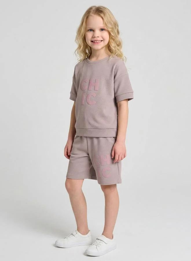Take Two Girls Beige Graphic Print T-Shirt and Shorts Co-Ord Set By Juniorloom