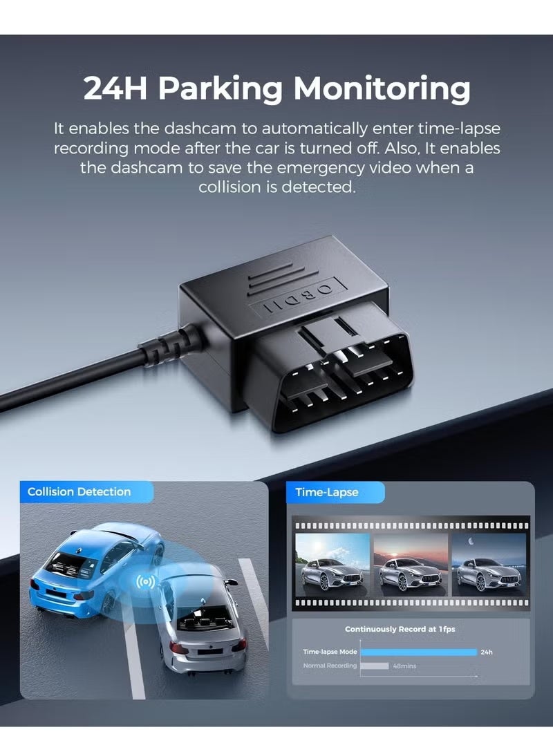 أزدوم طقم أسلاك OBD  01 بمنفذ من النوع C لكاميرا السيارة، سهل التركيب، يدعم وضع ركن السيارة، كابل طاقة بطول 11 قدمًا من 12 فولت إلى 24 فولت إلى 5 فولت لكاميرا السيارة بمنفذ من النوع C، حماية من الجهد المنخفض - Image 3