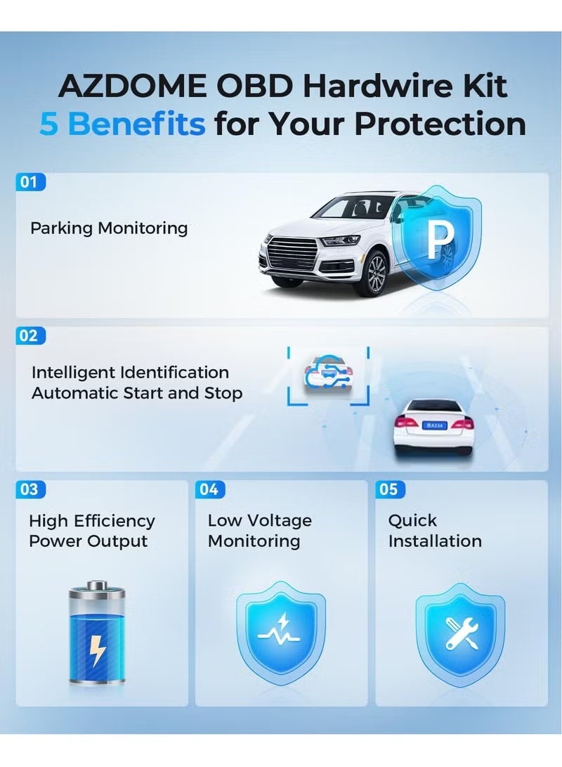 أزدوم طقم أسلاك OBD  01 بمنفذ من النوع C لكاميرا السيارة، سهل التركيب، يدعم وضع ركن السيارة، كابل طاقة بطول 11 قدمًا من 12 فولت إلى 24 فولت إلى 5 فولت لكاميرا السيارة بمنفذ من النوع C، حماية من الجهد المنخفض - Image 2