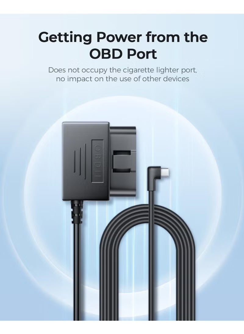 أزدوم طقم أسلاك OBD  01 بمنفذ من النوع C لكاميرا السيارة، سهل التركيب، يدعم وضع ركن السيارة، كابل طاقة بطول 11 قدمًا من 12 فولت إلى 24 فولت إلى 5 فولت لكاميرا السيارة بمنفذ من النوع C، حماية من الجهد المنخفض - Image 4