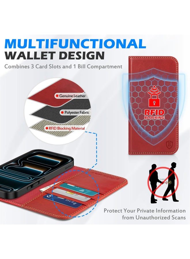 SHIELDON حافظة محفظة جلدية أصلية لهاتف آيفون 17 بحجم 6.3 بوصة، مانعة لتقنية RFID، حامل بطاقات، قاعدة، إغلاق مغناطيسي، غلاف TPU مقاوم للصدمات، واقية، ثقوب حزام، غلاف فوليو قابل للطي - أحمر عتيق - Image 4