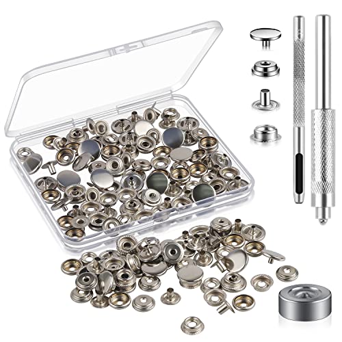 Moocci 200 Pieces (50Sets) Snap Fastener Kit Tool 5/8 inches (15mm) Snap Button kit Snaps for Leather Snap Fasteners Kit for Leather Stainless Snaps Button for Bag, Jeans, Clothes, Fabric (Silver) - Image 1