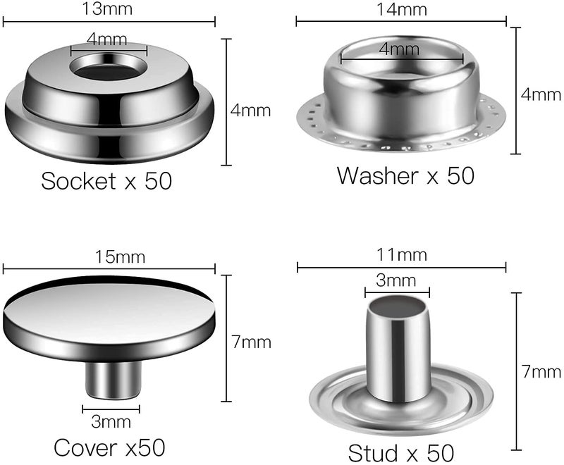 Moocci 200 Pieces (50Sets) Snap Fastener Kit Tool 5/8 inches (15mm) Snap Button kit Snaps for Leather Snap Fasteners Kit for Leather Stainless Snaps Button for Bag, Jeans, Clothes, Fabric (Silver) - Image 2
